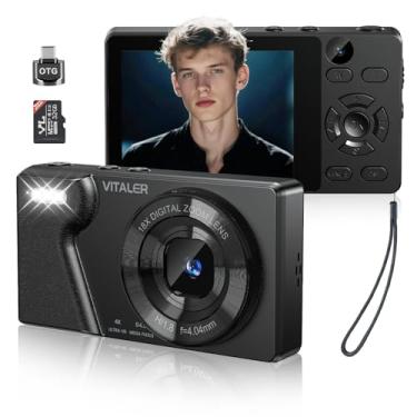 Imagem de Vitaler Câmera digital com lente frontal traseira, câmera de foco automático de 64 MP 4K para fotografia com cartão de 32 GB, câmera compacta portátil para adolescentes adultos iniciantes com capa de