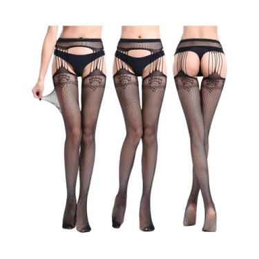 Imagem de Meia-calça Feminina Sexy De Rede Até a Coxa Com Cinta-liga, Opções De 