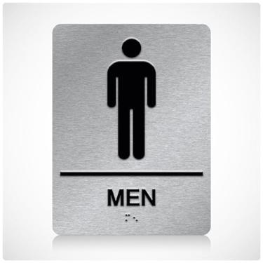 Imagem de Placa de banheiro masculina ADA Braille para negócios com fita dupla face 3M - Placa de banheiro masculina de alumínio 15 x 20 cm para escritórios e restaurantes