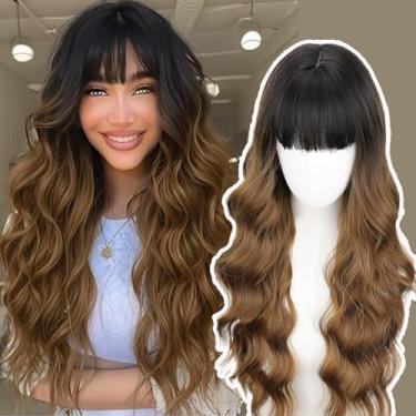Imagem de NOSTALGIA Peruca longa preta a marrom com franja 66 cm longa peruca ondulada para mulheres peruca sintética resistente ao calor de aparência natural para uso diário em festas
