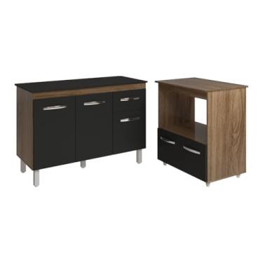 Imagem de Mobília Decor, Balcão Armário Gabinete Aline 118 cm Savana Preto com Tampo Preto e Balcão Amanda para Forno e Microondas Savana Preto