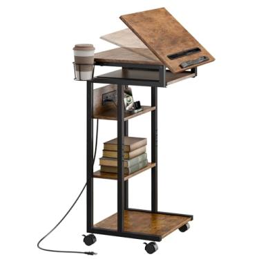Imagem de ZIFTY Mesa de sofá inclinável, com prateleiras e rodas, mesa lateral superior ajustável para laptops, quarto, marrom rústico