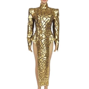 Imagem de Earthradius Vestido feminino com fenda espelhada a laser, sexy, dançarina, apresentação, drag queen, discoteca, festa, espetáculo, palco (dourado)