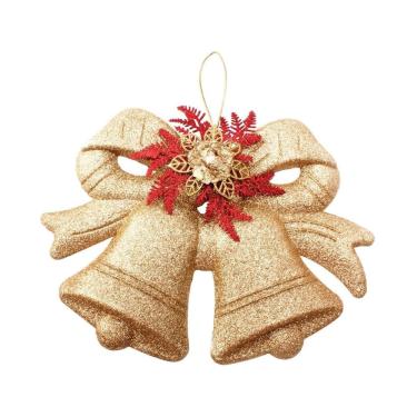 Imagem de Sino Duplo Natalino Decorado Glitter Dourado, Flor Bico de Papagaio 28cm x 20cm - Magizi