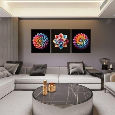 Imagem de 3 Quadros Mandala Colors Canvas com Moldura 129x53cm - R&R Decor, Mold