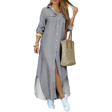 Imagem de Vestidos Maxi Femininos Casuais Com Gola De Lapela Estampada Floral Fenda Lateral Mangas Compridas Soltas Camisa Vestido, Grey, 4XL
