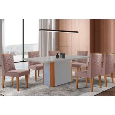 Imagem de Conjunto Sala de Jantar Pietá c/ Tampo Madeirado c/ Vidro Canto Curvo 180x90cm e 6 Cadeiras Maldivas Madeira Maciça Naturale/Off White - Capuccino/Lin