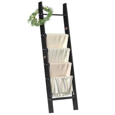 Imagem de HONEST OUTFITTERS Escadas de cobertor para sala de estar, suporte de cobertor de 6 camadas, suporte de cobertor inclinado para parede, prateleiras de escada, escada de colcha de madeira, decoração de