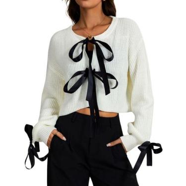 Imagem de Suéter de cardigã Verdusa Bow Tie Cropped Knit Cream White