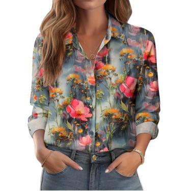 Imagem de Blusa feminina Zeagoo com estampa floral de manga comprida com botões