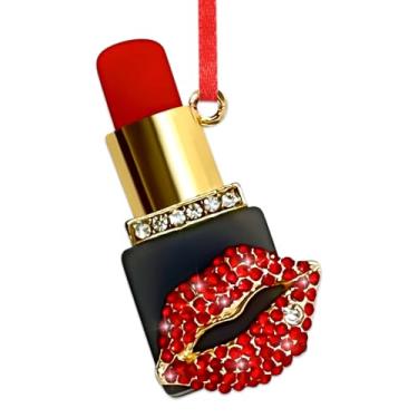 Imagem de GMEMNOV Enfeite de Natal com batom - Ornamentos de maquiagem para árvore de Natal, enfeites de batom vermelho com strass, lábios sensuais de Natal para mulheres e meninas