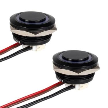Imagem de DMWD Interruptor de botão de pressão momentâneo de metal super curto com cabo pré-fio 12 V-24 V (ON)-Off 4 pinos 1NO 7/20.3 cm orifício de montagem Halo Ring LED (2 peças de 22 mm concha preta luz