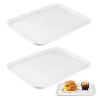 Imagem de Bandeja de servir retangular, bandeja de plástico reutilizável branca, tamanho médio, pacote com 2