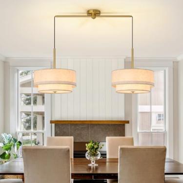 Imagem de AMZERA Luminária moderna de ilha pendente de 2 luzes, luzes suspensas de latão com sombra de tecido branco de 2 camadas e cabo ajustável, para cozinha, sala de estar, latão vintage