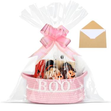 Imagem de Potchen Cesta de Halloween Boo para presente com alças engraçadas boo cesta de corda de algodão vazia para doces ou travessuras com saco plástico transparente conjunto de envelope de cartão de