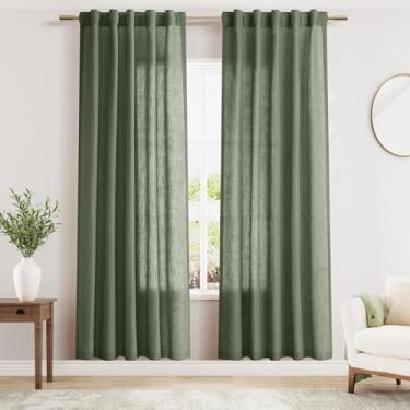Imagem de Cortinas de linho verde-oliva 203 cm de comprimento, conjunto de 2 painéis, bolso traseiro para haste, semitransparente, filtro de luz, cortina curta, estilo farmhosue, janela de sacada para sala de