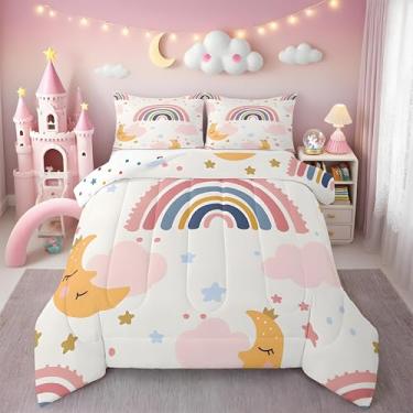 Imagem de Feelyou Jogo de cama fofo arco-íris macio para meninos e meninas, lua estrelas, nuvens, edredom solteiro, estilo princesa sonhadora, edredom de microfibra, decoração de quarto, 2 peças com 1 fronha