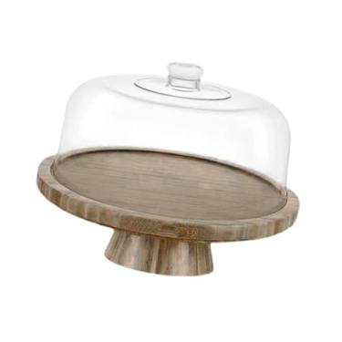 Imagem de YWJLQH Suporte de bolo de madeira com tampa redonda suporte de bolo fazenda placa de frutas bolo sobremesa exibição para chips mergulhos feriado casamento
