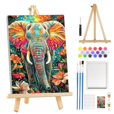 Imagem de MOGTAA Kit de pintura de elefante por números para adultos iniciantes com moldura, kits de pintura por números de flores para adultos em tela com cavalete, kits de pintura a óleo Aniaml DIY fáceis