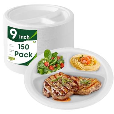 Imagem de Loccmat Pacote com 150 pratos de papel, pratos divididos descartáveis de 22 cm feitos de fibra de cana de açúcar, 3 compartimentos, resistentes, bandejas redondas brancas para salada, churrasco, festa