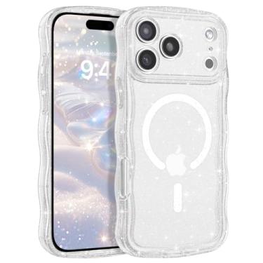 Imagem de GUAGUA Capa transparente para iPhone 17 Pro Max, capa magnética, linda moldura ondulada encaracolada com glitter, brilhante, brilhante, brilhante, brilhante, para mulheres, homens, TPU com proteção