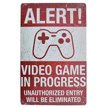 Imagem de BOWZWOWZ Gamer at Work Video Game in Progress Placa de metal vintage rural retrô aviso aviso placa decoração de parede para casa (alerta)