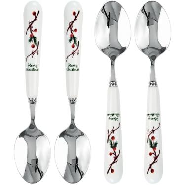 Imagem de MEIYAHOME Colher de sopa de 20 cm de 20 cm, colher de jantar de aço inoxidável 18-10, cabo de cerâmica polido liso, série de Natal, Ilex Cornuta Fruit Pattern SUS304 (4 colheres)