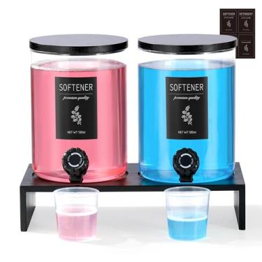 Imagem de Dispensador de detergente para roupas de vidro preto com prateleira e tampa de bambu – Detergente líquido de 3,5 ml, sabão em pó e dispensador de amaciante de roupas para organização e armazenamento