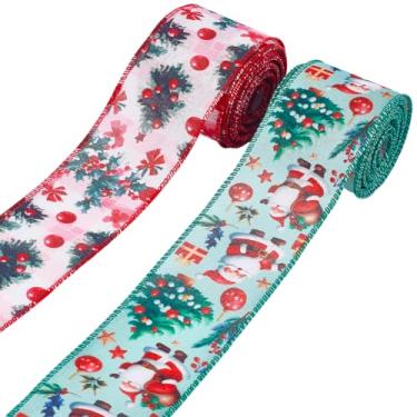 Imagem de CRASPIRE 2 rolos de fita de Natal de serapilheira de 6 cm fita decorativa para artesanato com borda de ferro árvore colorida Papai Noel embrulhando guirlanda rolos para presente de festa de Natal