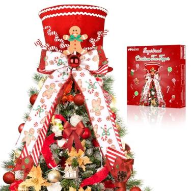 Imagem de HMASYO Topper de árvore de Natal de biscoito de gengibre, chapéu de veludo vermelho com arcos de enfeite de gengibre de bengala, cartola para árvore de Natal para casa, escritório, decoração de árvore