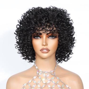 Imagem de Peruca YOKABOOM preta curta afro encaracolada de 15 cm com franja sint