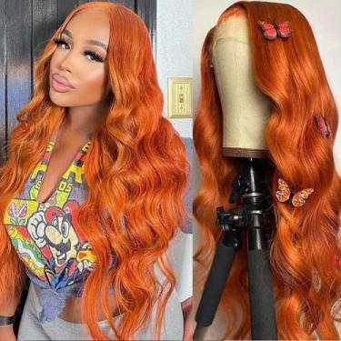 Imagem de Peruca frontal de renda Srakuw Ginger Orange Body Wave 76 cm 180% de d