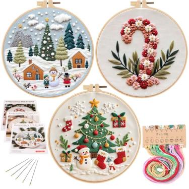Imagem de EVERMARKET Pacote com 3 kits de bordado para iniciantes com padrão, kit de pontos de Natal para iniciantes, kit de prática de bordado estampado de árvore de Natal para mulheres, decorações de presente