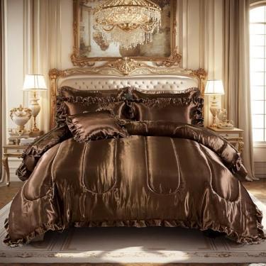 Imagem de Conjunto de edredom de seda Queen com 8 peças, cama de nascimento em um saco, café escuro, estilo seda, babados, decoração de casa, hotel sexy, conjunto de cama sedosa com 1 capa de almofada