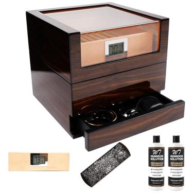 Imagem de Umidor de Charutos TUTUNES: Caixa Artesanal de Cedro Espanhol com Umidificação Fácil e Higrômetro Digital - Brilhante