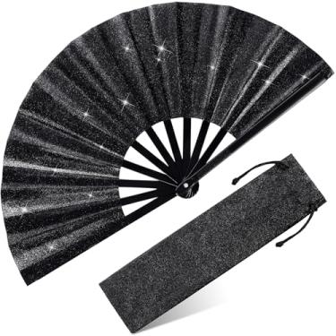 Imagem de Blulu Fãs de rave dobráveis grandes de 33 cm, leque de mão de seda para dança de linha, ventilador de som chinês para mulheres, botas no chão, festivais de dança, festa de casamento (preto brilhante