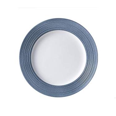 Imagem de Prato de serviço pratos de jantar grandes de porcelana, prato de servir 25 cm, sobremesa redonda, macarrão, prato de salada, branco com acabamento azul, 3 peças de pratos