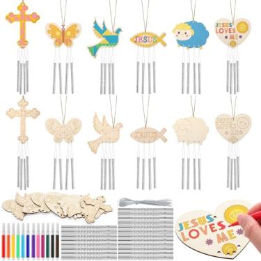 Imagem de Blueweenly Sinos de vento religiosos de madeira faça você mesmo, artesanato para crianças, 24 peças de recortes de madeira cristã, kit faça você mesmo com 12 mini marcadores de aquarela para decoração