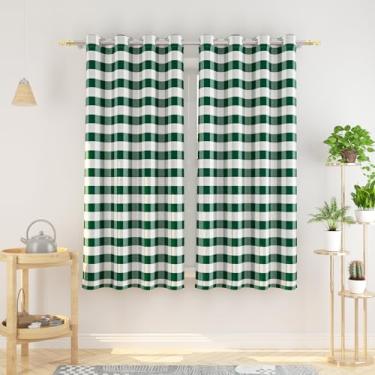 Imagem de Cortinas xadrez Buffalo 114,3 cm de comprimento, algodão, caveira, xadrez, cozinha, janela, painéis, sala de estar, xadrez, quarto, ilhós, tratamento de janela, 2 painéis, verde-escuro e branco