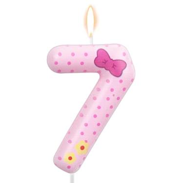 Imagem de Velas de Aniversário com Laço Rosa, Velas Rosa e Brancas de Bolinhas Gato Desenho Animado Decoração Bolo Topo Vela para Meninas Mulheres Casamento Aniversário Festa (Número 7)