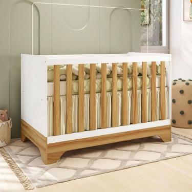 Imagem de Berço Americano 3 em 1 Popy Retrô 100% Mdf Branco Brilho/Amêndoa - Móveis Peroba