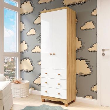 Imagem de Guarda-Roupa de Bebê Júnior New 2 Portas 3 Gavetas 100% Mdf Branco Brilho/Amêndoa - Móveis Peroba