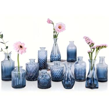 Imagem de UPBUD Conjunto de 12 vasos de vidro azul marinho, mini vaso de flores para centros de mesa, pequenos vasos de vidro a granel para decorações de casamento, vaso vintage, chá de panela, festa, formatura