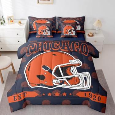 Imagem de Erosebridal Jogo de cama solteiro de futebol americano, 7 peças, jogo de rúgbi, para competição de rúgbi, laranja, para crianças e adultos, jogo de cama esportivo (Chicago)