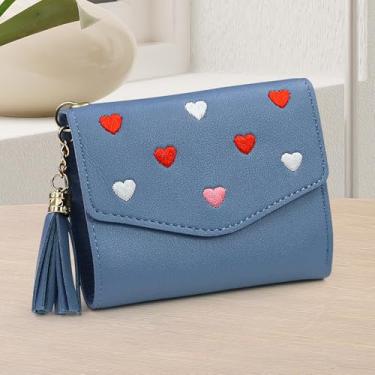 Imagem de Carteira feminina, carteira feminina pequena de três dobras com 8 compartimentos, bolsa de moedas moderna com estampa de coração bordado, Azul, Lazer