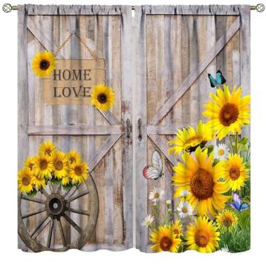 Imagem de Cortinas de porta de celeiro, tábua de madeira rústica com estampa de girassol, cortinas para quarto, sala de estar, cozinha, janela, tratamento de 2 painéis, conjunto de 2 painéis, tamanho total