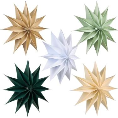 Imagem de Paper Jazz Lanterna de estrela de papel de 12 pontas, 5 peças de enfeites de Natal verde sálvia com estrelas de papel, decoração de parede de Natal vintage grande para Natal, Ano Novo, chá de bebê