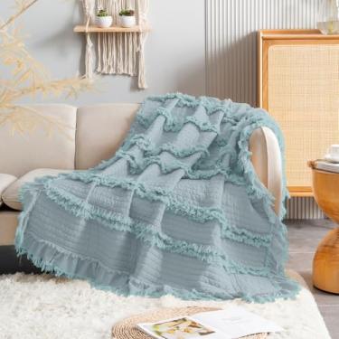 Imagem de Cobertores ultra macios pré-lavados acolchoados boho rosa tamanho solteiro para cama, manta decorativa com franjas de babados, cobertor rústico chique lavado com pedra para sofá cama, 152 cm x 203 cm