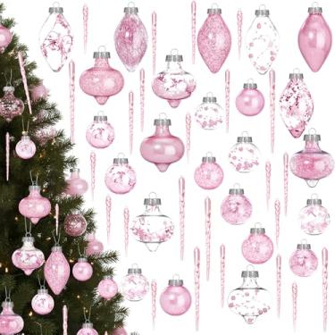 Imagem de Bucherry Conjunto de 48 peças de enfeites de gelo de bola de Natal rosa de plástico transparente à prova de estilhaçamento decoração de bola de árvore de Natal brilhante de plástico com glitter