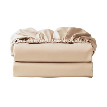 Imagem de Lençol com elástico dividido, 100% algodão egípcio, 600 fios, lençol com elástico único, lençol com bolso profundo de 20,3 a 40,6 cm, lençol de baixo de cetim macio e elástico (bege, king dividido)